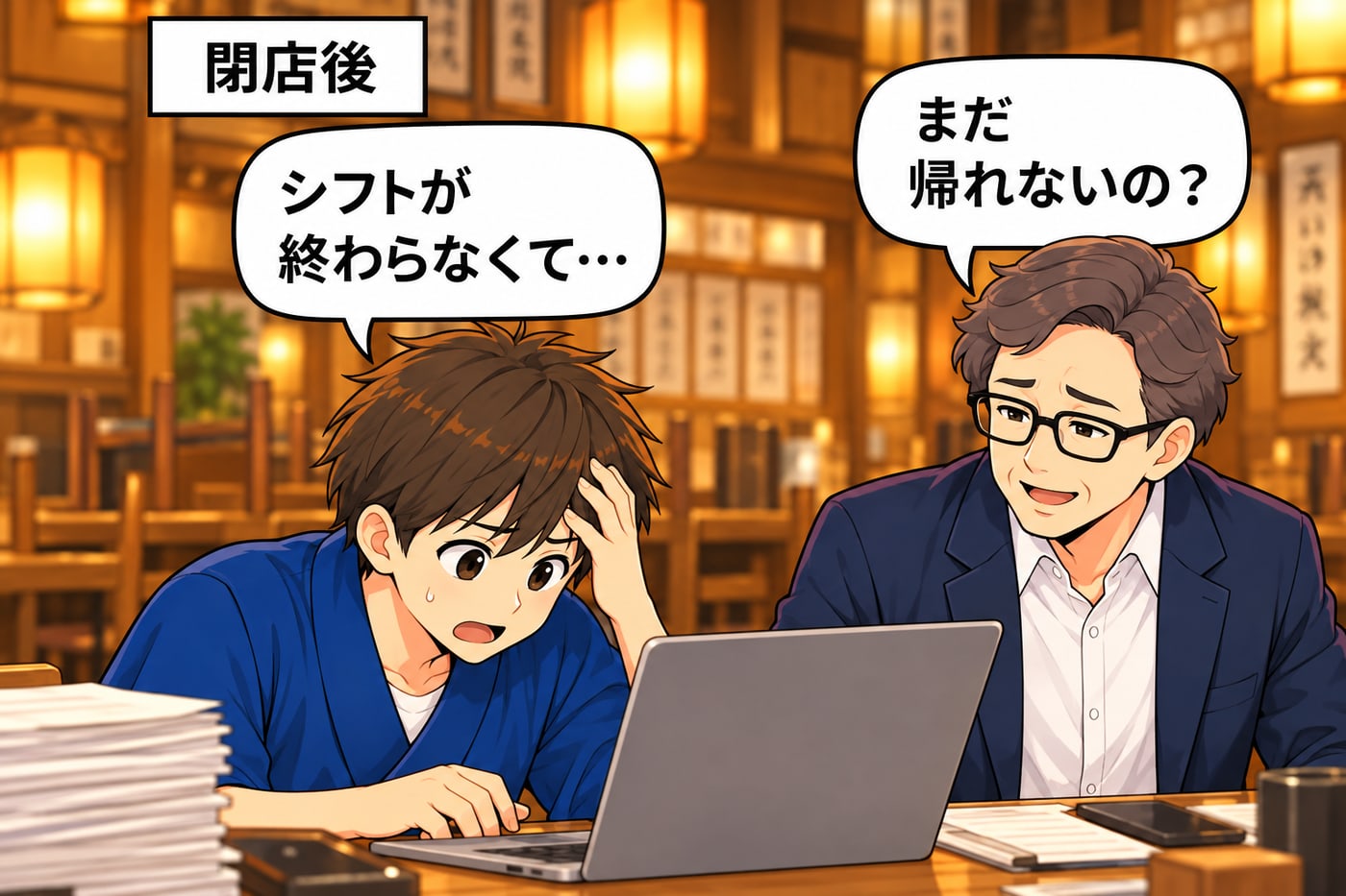 閉店後。店長がノートパソコンの前で「シフトが終わらなくて…」、社長が「まだ帰れないの？」