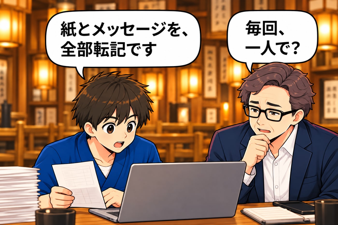 店長が紙の希望表を手に「紙とメッセージを、全部転記です」、社長が「毎回、一人で？」