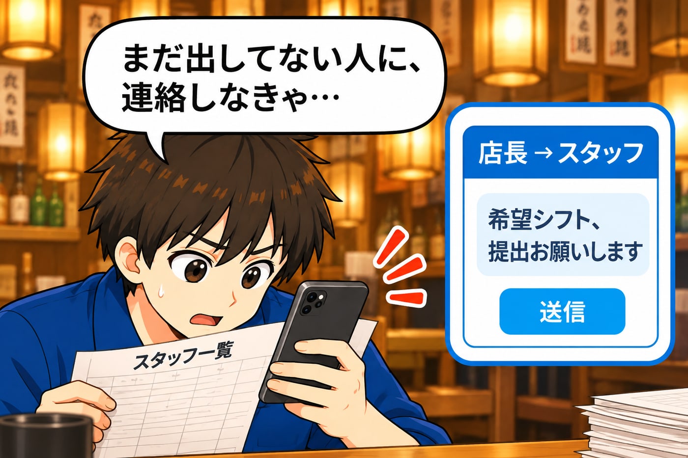 店長がスタッフ一覧とスマホを見て「まだ出してない人に、連絡しなきゃ…」（店長からスタッフへ「希望シフト、提出お願いします」の送信画面）