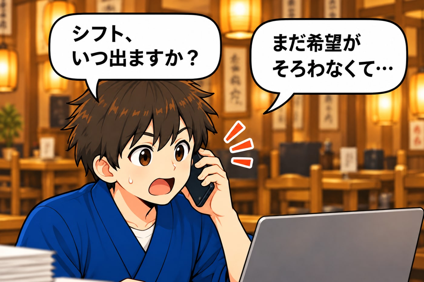 店長が電話で「シフト、いつ出ますか？」、相手は「まだ希望がそろわなくて…」