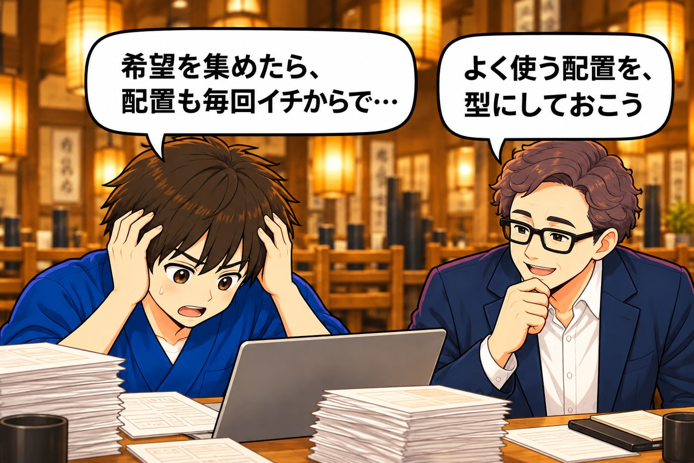 店長が頭を抱えて「希望を集めたら、配置も毎回イチからで…」、社長が「よく使う配置を、型にしておこう」