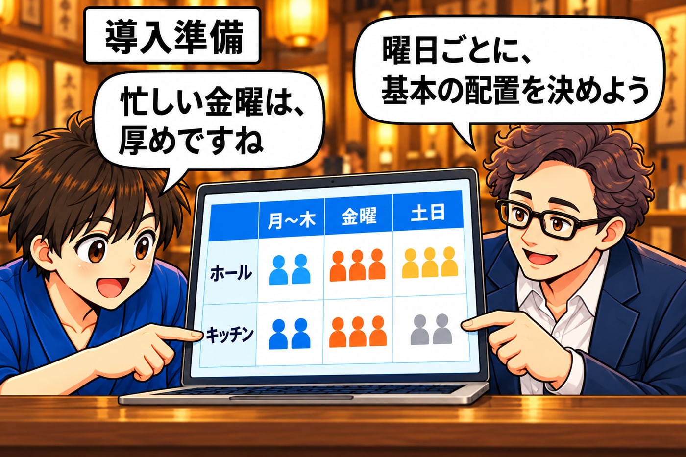導入準備。曜日別の配置表を見て店長が「忙しい金曜は、厚めですね」、社長が「曜日ごとに、基本の配置を決めよう」