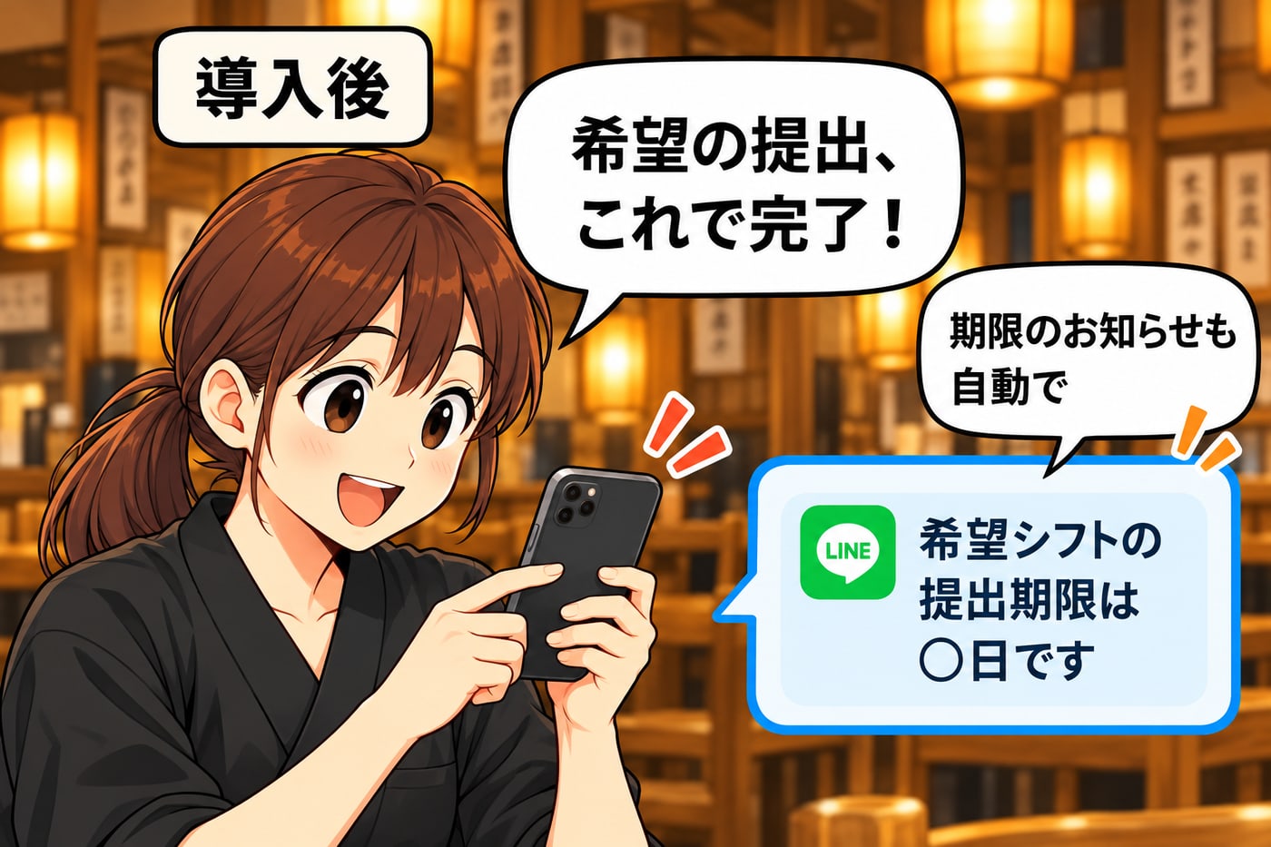 導入後。スタッフがスマホで「希望の提出、これで完了！」「期限のお知らせも自動で」（LINE に「希望シフトの提出期限は○日です」）
