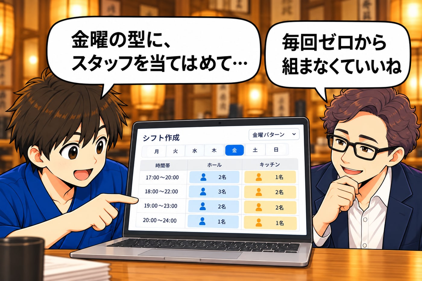 シフト作成の画面を見て店長が「金曜の型に、スタッフを当てはめて…」、社長が「毎回ゼロから組まなくていいね」