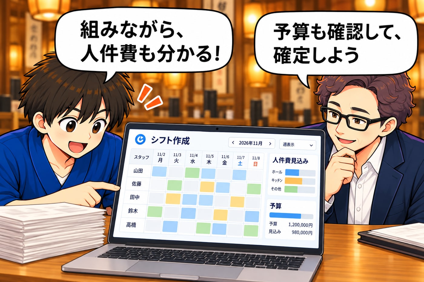 店長が「組みながら、人件費も分かる！」、社長が「予算も確認して、確定しよう」（人件費見込みと予算が見える画面）