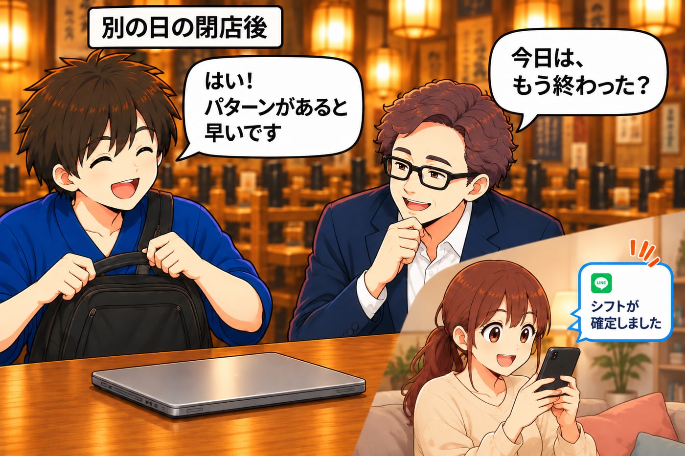 別の日の閉店後。店長がカバンを持って「はい！パターンがあると早いです」、社長が「今日は、もう終わった？」。自宅のスタッフのスマホに「シフトが確定しました」