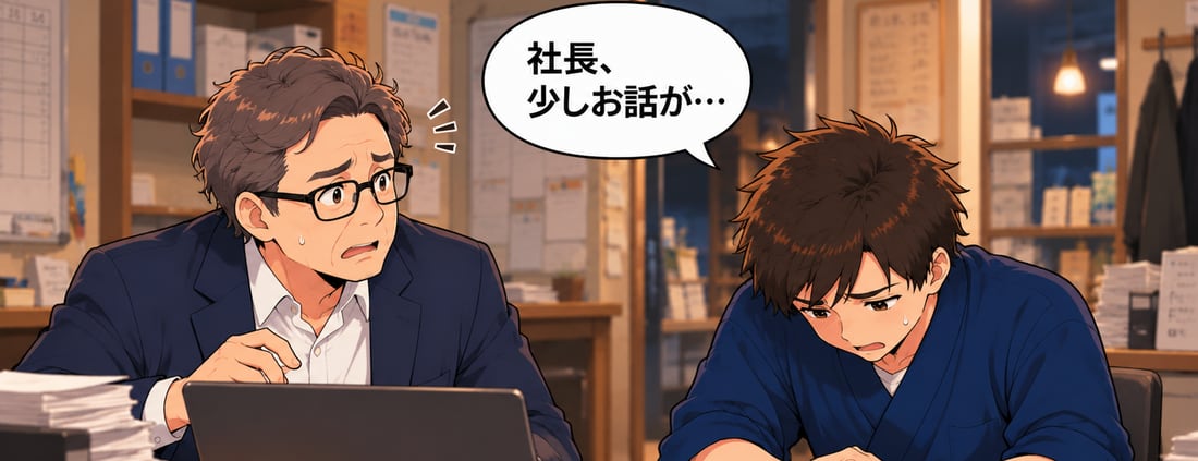 店長が社長に「社長、少しお話が…」と切り出している