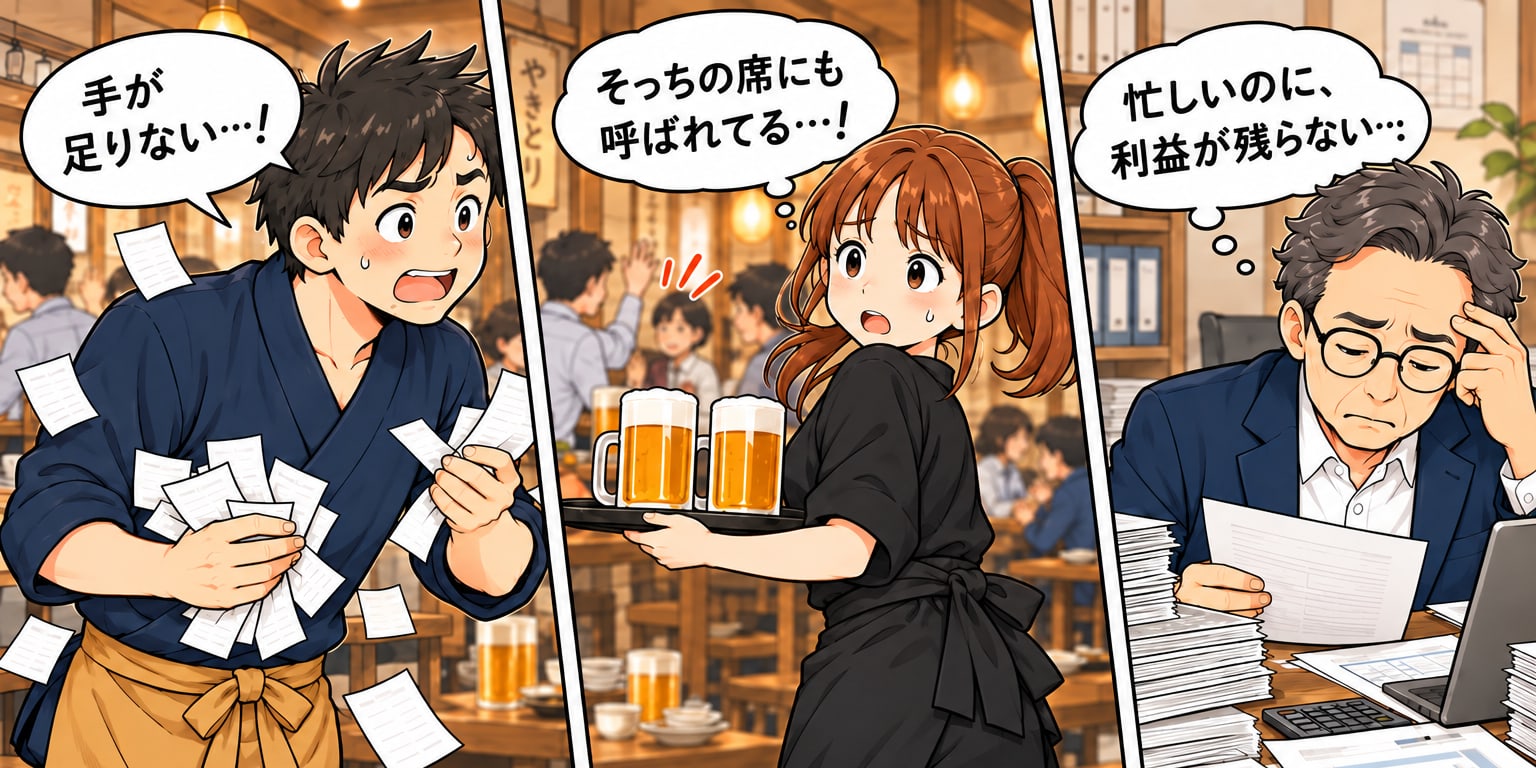手が足りない…!と伝票を抱える店長、そっちの席にも呼ばれてる…!とビールを運ぶアルバイト、忙しいのに利益が残らない…と悩む社長