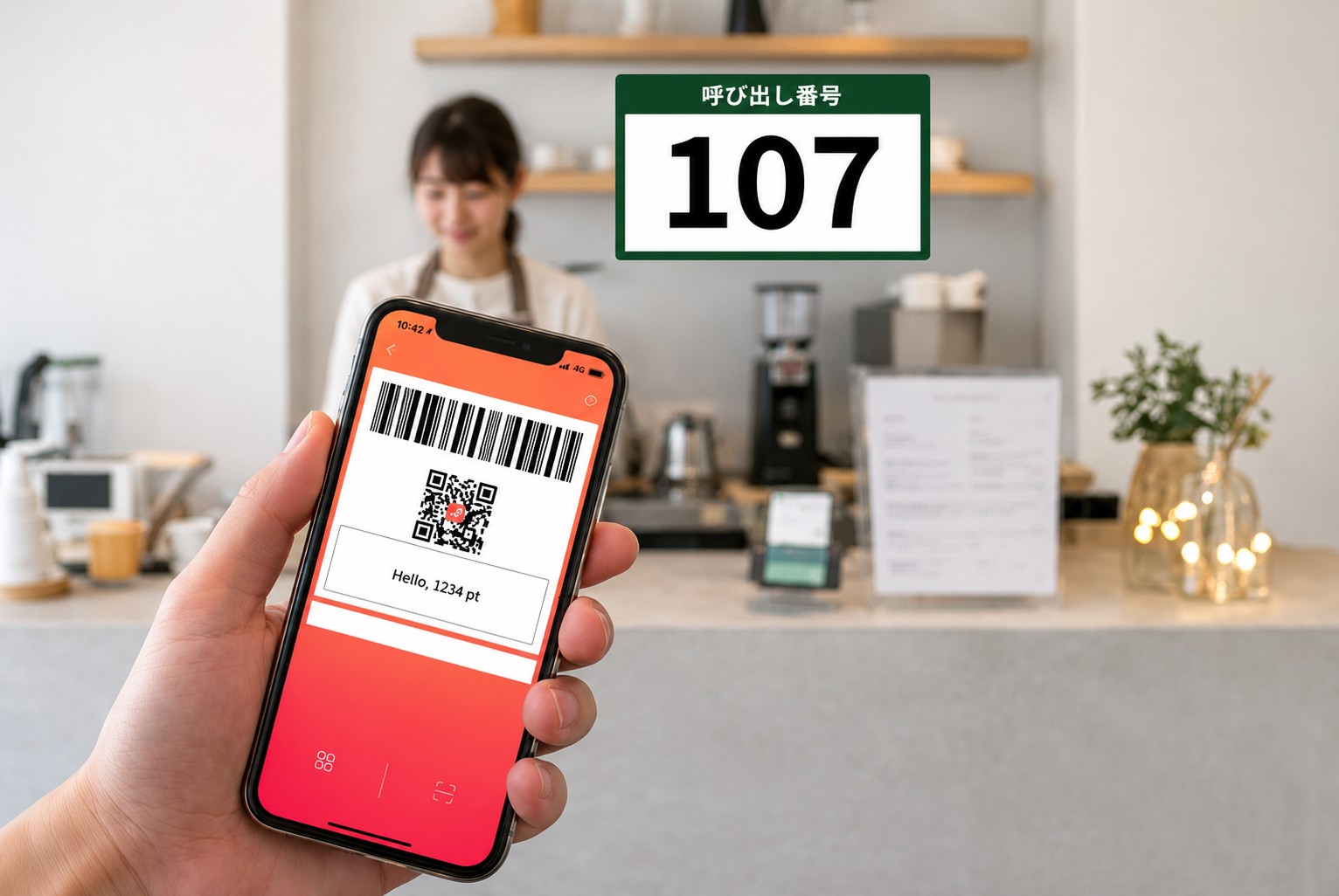 スマホで決済が完了し、呼び出し番号が表示されたカフェ