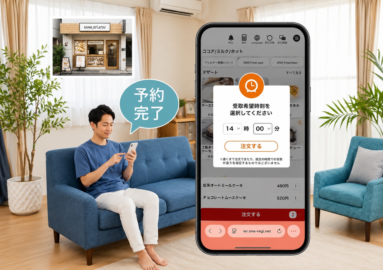 自宅からスマホでテイクアウトを予約注文する様子