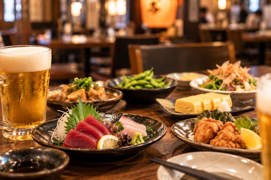 さまざまな業態の料理:居酒屋の刺身・唐揚げ・だし巻き・枝豆とビール