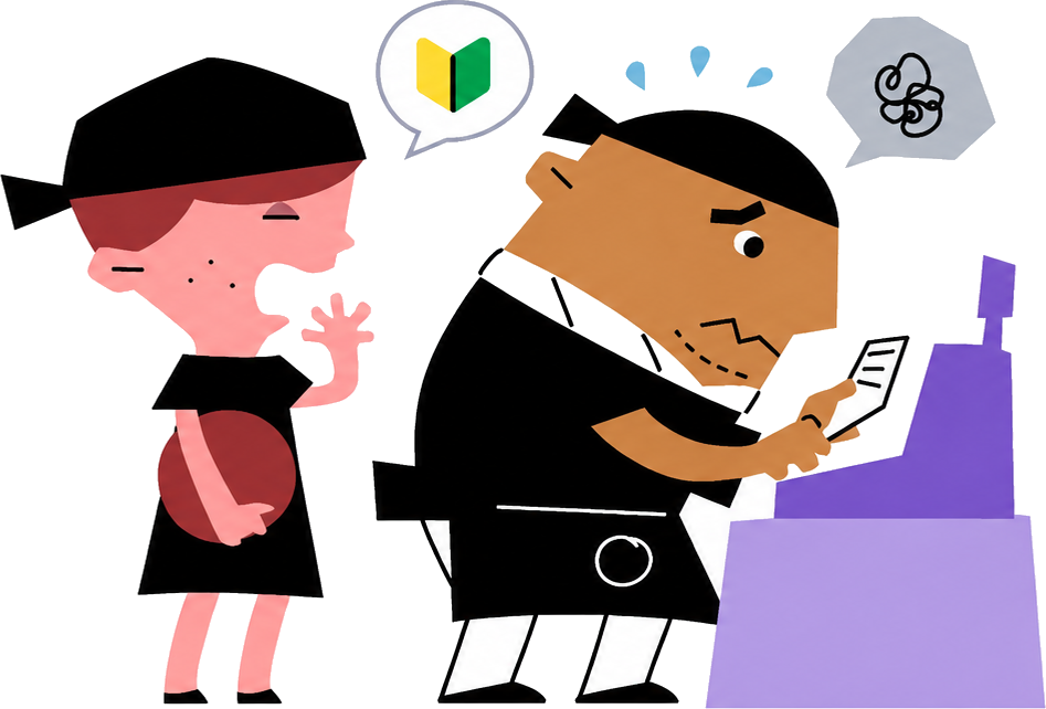 レジ操作に戸惑う店長とスタッフのイラスト